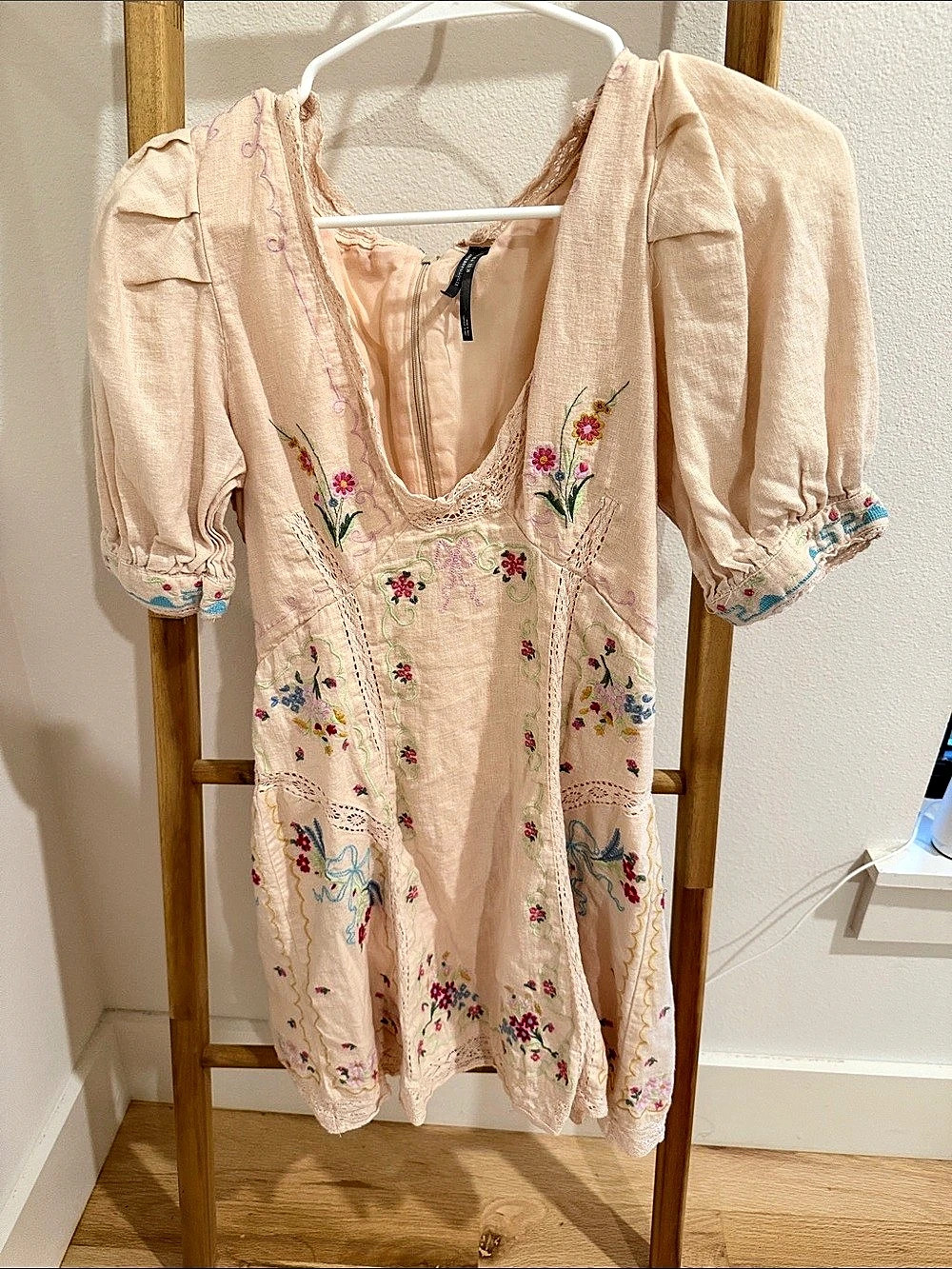 Anthropologie By Anthropologie Linen Blend Puff-Sleeve V-Neck Mini Dress Pink